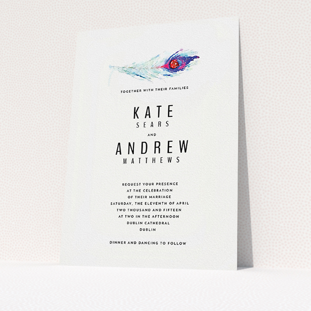 A wedding invite card template titled "Feather in the corner". It is an A5 invite in a portrait orientation. "Feather in the corner" is available as a flat invite, with mainly white colouring.