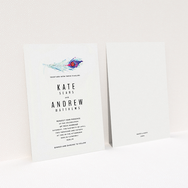 A wedding invite card template titled "Feather in the corner". It is an A5 invite in a portrait orientation. "Feather in the corner" is available as a flat invite, with mainly white colouring.