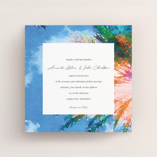 A wedding invite card called "From the Sunbed". It is a square (148mm x 148mm) invite in a square orientation. "From the Sunbed" is available as a flat invite, with tones of sky blue and green.