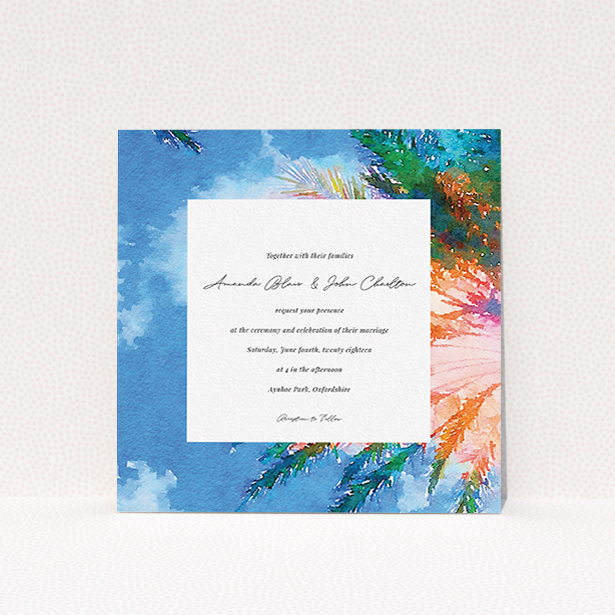A wedding invite card called "From the Sunbed". It is a square (148mm x 148mm) invite in a square orientation. "From the Sunbed" is available as a flat invite, with tones of sky blue and green.