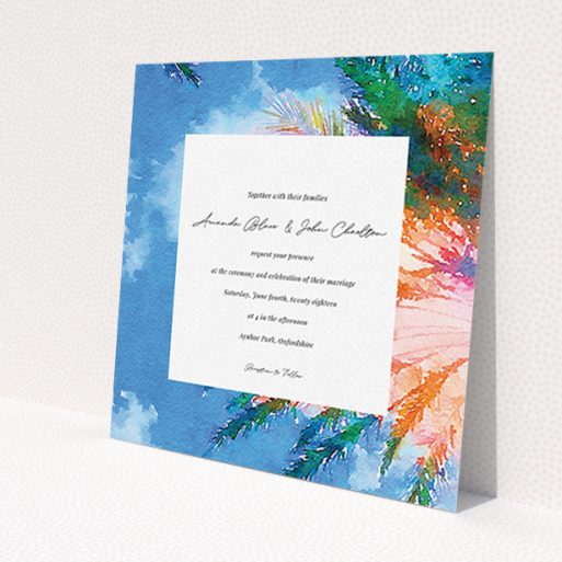 A wedding invite card called 'From the Sunbed'. It is a square (148mm x 148mm) invite in a square orientation. 'From the Sunbed' is available as a flat invite, with tones of sky blue and green.