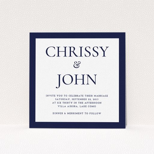 A wedding invite card design named "Front and centre". It is a square (148mm x 148mm) invite in a square orientation. "Front and centre" is available as a flat invite, with tones of navy blue and white.