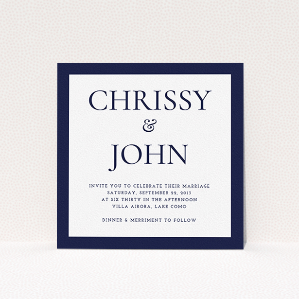 A wedding invite card design named "Front and centre". It is a square (148mm x 148mm) invite in a square orientation. "Front and centre" is available as a flat invite, with tones of navy blue and white.