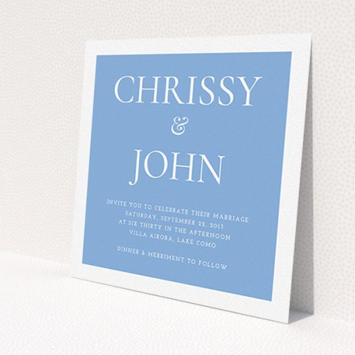 A wedding invite card named 'Front and centre'. It is a square (148mm x 148mm) invite in a square orientation. 'Front and centre' is available as a flat invite, with tones of blue and white.