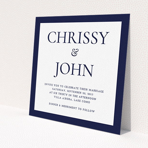 A wedding invite card design named "Front and centre". It is a square (148mm x 148mm) invite in a square orientation. "Front and centre" is available as a flat invite, with tones of navy blue and white.