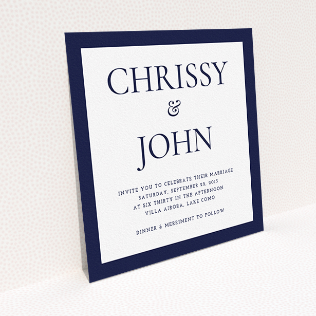 A wedding invite card design named "Front and centre". It is a square (148mm x 148mm) invite in a square orientation. "Front and centre" is available as a flat invite, with tones of navy blue and white.