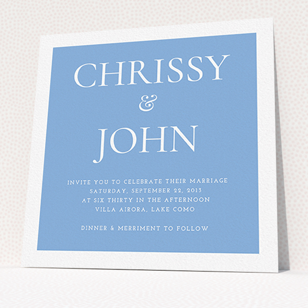 A wedding invite card named "Front and centre". It is a square (148mm x 148mm) invite in a square orientation. "Front and centre" is available as a flat invite, with tones of blue and white.