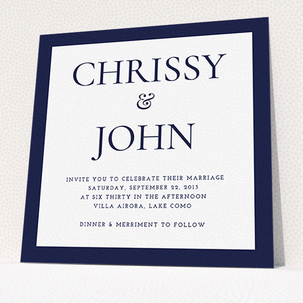 A wedding invite card design named "Front and centre". It is a square (148mm x 148mm) invite in a square orientation. "Front and centre" is available as a flat invite, with tones of navy blue and white.