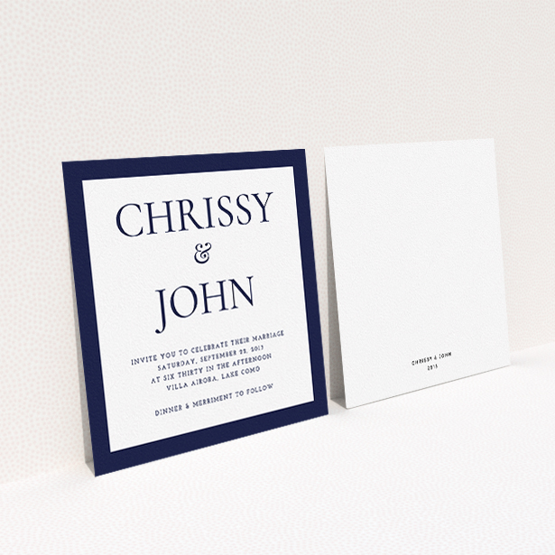 A wedding invite card design named "Front and centre". It is a square (148mm x 148mm) invite in a square orientation. "Front and centre" is available as a flat invite, with tones of navy blue and white.