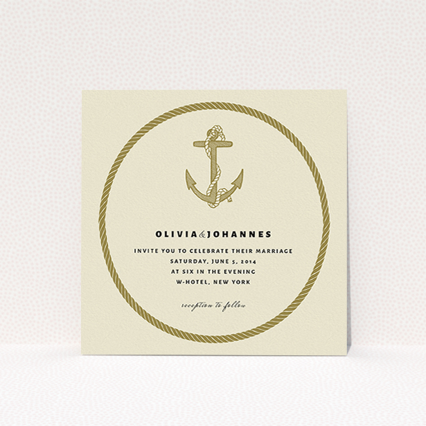 A wedding invite card called "Full knot". It is a square (148mm x 148mm) invite in a square orientation. "Full knot" is available as a flat invite, with tones of cream and gold.