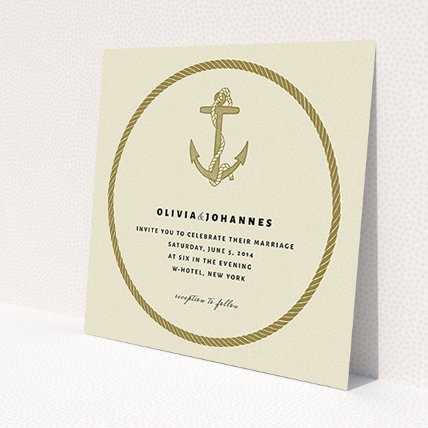 A wedding invite card called "Full knot". It is a square (148mm x 148mm) invite in a square orientation. "Full knot" is available as a flat invite, with tones of cream and gold.