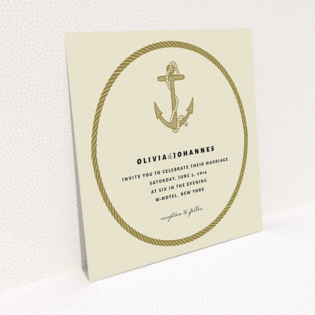 A wedding invite card called "Full knot". It is a square (148mm x 148mm) invite in a square orientation. "Full knot" is available as a flat invite, with tones of cream and gold.