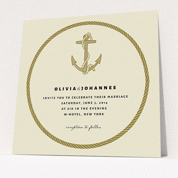 A wedding invite card called "Full knot". It is a square (148mm x 148mm) invite in a square orientation. "Full knot" is available as a flat invite, with tones of cream and gold.