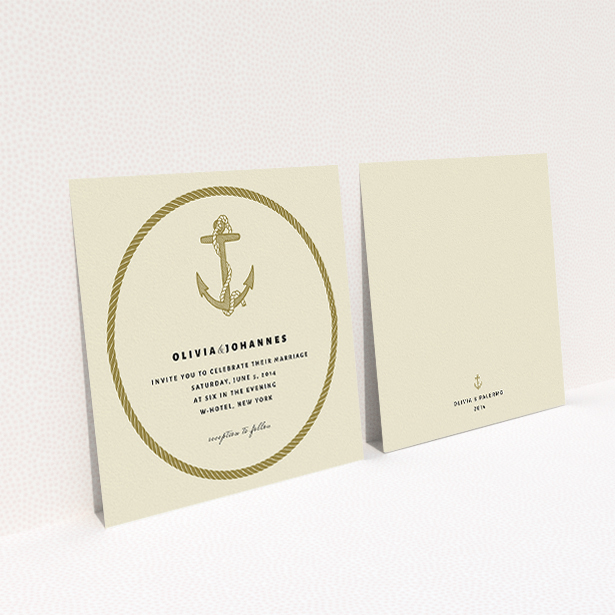 A wedding invite card called "Full knot". It is a square (148mm x 148mm) invite in a square orientation. "Full knot" is available as a flat invite, with tones of cream and gold.