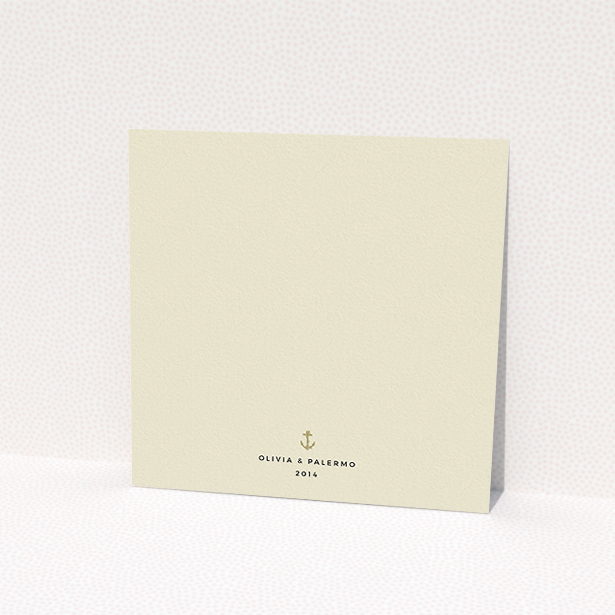 A wedding invite card called "Full knot". It is a square (148mm x 148mm) invite in a square orientation. "Full knot" is available as a flat invite, with tones of cream and gold.