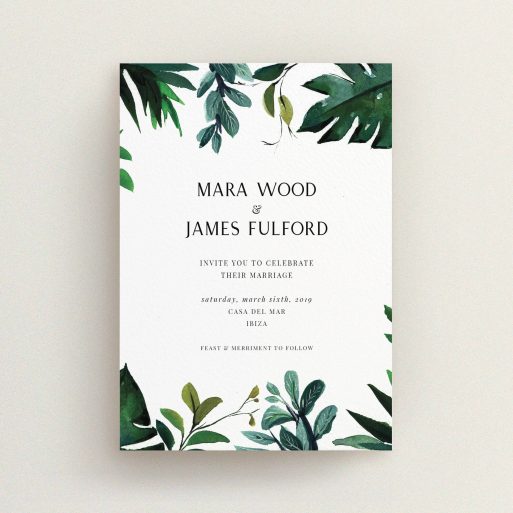 A wedding invite card named "Gap in the Jungle". It is an A6 invite in a portrait orientation. "Gap in the Jungle" is available as a flat invite, with tones of green and white.