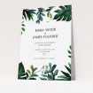 A wedding invite card named "Gap in the Jungle". It is an A6 invite in a portrait orientation. "Gap in the Jungle" is available as a flat invite, with tones of green and white.