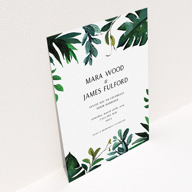 A wedding invite card named "Gap in the Jungle". It is an A6 invite in a portrait orientation. "Gap in the Jungle" is available as a flat invite, with tones of green and white.
