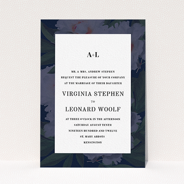 A wedding invite card design called "Garden at night". It is an A6 invite in a portrait orientation. "Garden at night" is available as a flat invite, with tones of black and white.