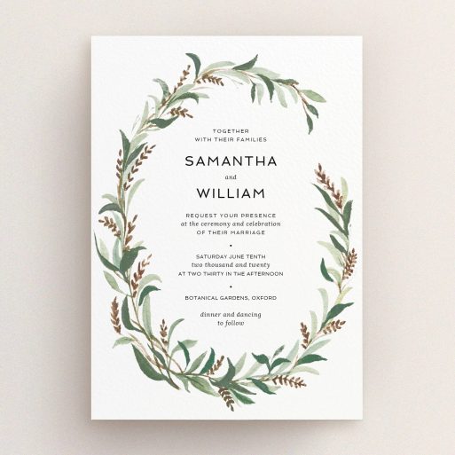 A wedding invite card template titled "Garden Garland". It is an A5 invite in a portrait orientation. "Garden Garland" is available as a flat invite, with tones of faded green, light brown and light green.