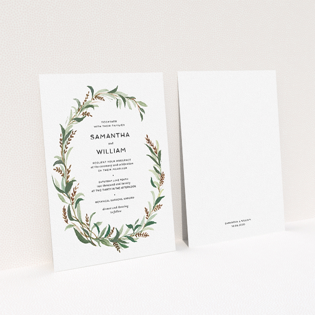 A wedding invite card template titled "Garden Garland". It is an A5 invite in a portrait orientation. "Garden Garland" is available as a flat invite, with tones of faded green, light brown and light green.