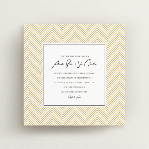 A wedding invite card template titled "Golden Lines". It is a square (148mm x 148mm) invite in a square orientation. "Golden Lines" is available as a flat invite, with tones of gold and white.