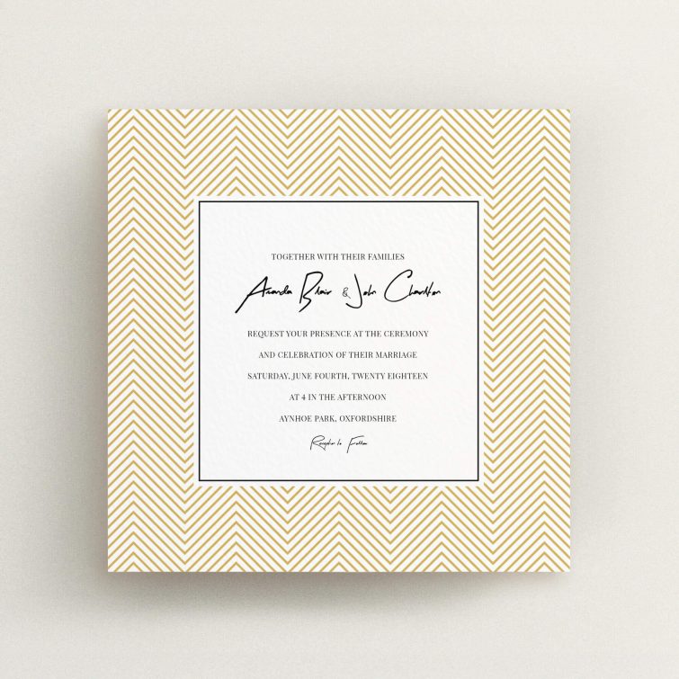 A wedding invite card template titled "Golden Lines". It is a square (148mm x 148mm) invite in a square orientation. "Golden Lines" is available as a flat invite, with tones of gold and white.