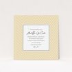 A wedding invite card template titled "Golden Lines". It is a square (148mm x 148mm) invite in a square orientation. "Golden Lines" is available as a flat invite, with tones of gold and white.