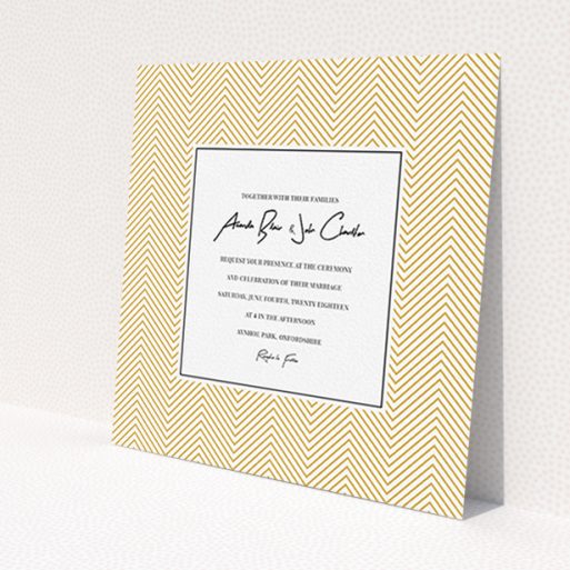 A wedding invite card template titled 'Golden Lines'. It is a square (148mm x 148mm) invite in a square orientation. 'Golden Lines' is available as a flat invite, with tones of gold and white.
