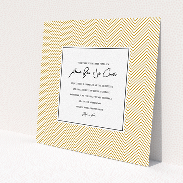A wedding invite card template titled "Golden Lines". It is a square (148mm x 148mm) invite in a square orientation. "Golden Lines" is available as a flat invite, with tones of gold and white.