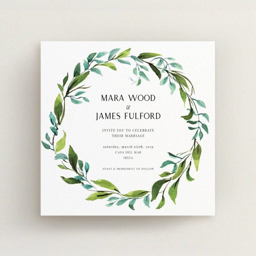 A wedding invite card called "Greek Wreath". It is a square (148mm x 148mm) invite in a square orientation. "Greek Wreath" is available as a flat invite, with tones of blue and green.