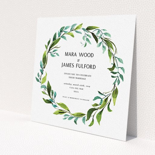 A wedding invite card called 'Greek Wreath'. It is a square (148mm x 148mm) invite in a square orientation. 'Greek Wreath' is available as a flat invite, with tones of blue and green.