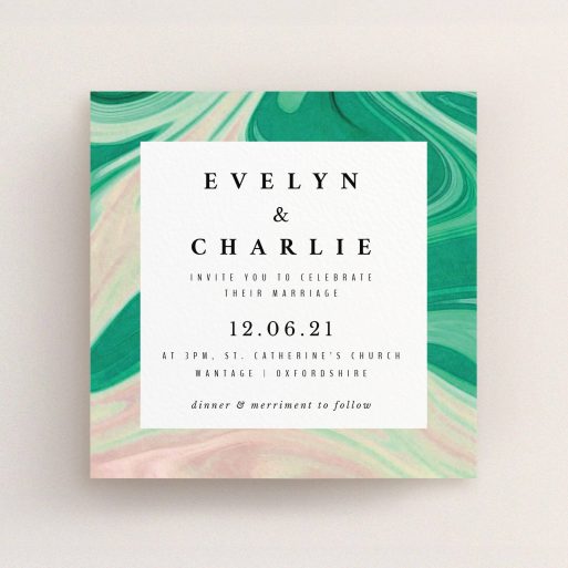 A wedding invite card design named "Green and Cream". It is a square (148mm x 148mm) invite in a square orientation. "Green and Cream" is available as a flat invite, with tones of green, cream and dark green.