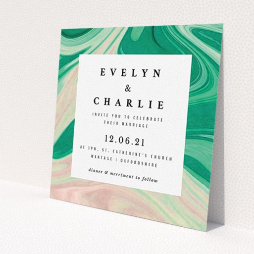 A wedding invite card design named 'Green and Cream'. It is a square (148mm x 148mm) invite in a square orientation. 'Green and Cream' is available as a flat invite, with tones of green, cream and dark green.
