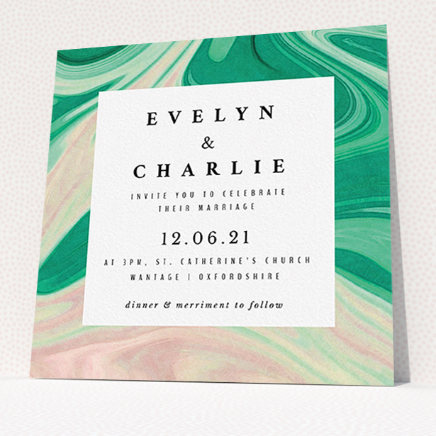 A wedding invite card design named "Green and Cream". It is a square (148mm x 148mm) invite in a square orientation. "Green and Cream" is available as a flat invite, with tones of green, cream and dark green.