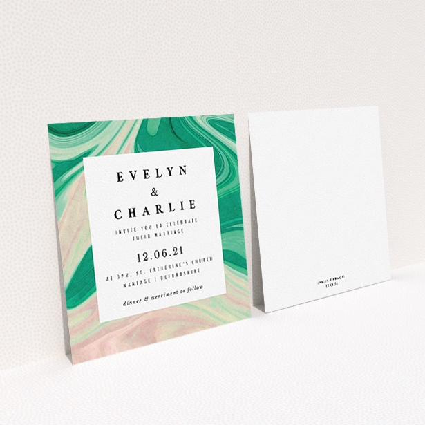 A wedding invite card design named "Green and Cream". It is a square (148mm x 148mm) invite in a square orientation. "Green and Cream" is available as a flat invite, with tones of green, cream and dark green.