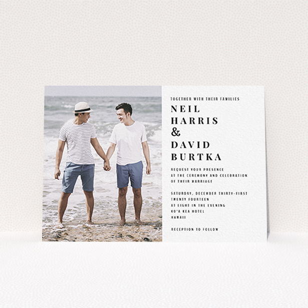 A wedding invite card design titled "Half full". It is an A6 invite in a landscape orientation. It is a photographic wedding invite card with room for 1 photo. "Half full" is available as a flat invite, with mainly white colouring.