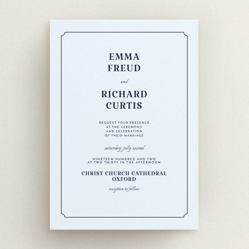 A wedding invite card design named "Harrison notch". It is an A5 invite in a portrait orientation. "Harrison notch" is available as a flat invite, with mainly light blue colouring.