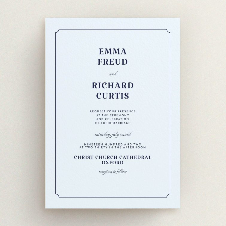 A wedding invite card design named "Harrison notch". It is an A5 invite in a portrait orientation. "Harrison notch" is available as a flat invite, with mainly light blue colouring.