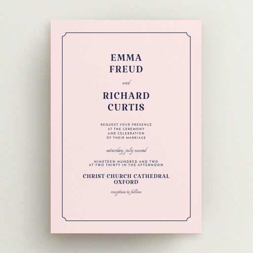 A wedding invite card named "Harrison notch". It is an A5 invite in a portrait orientation. "Harrison notch" is available as a flat invite, with mainly pink colouring.