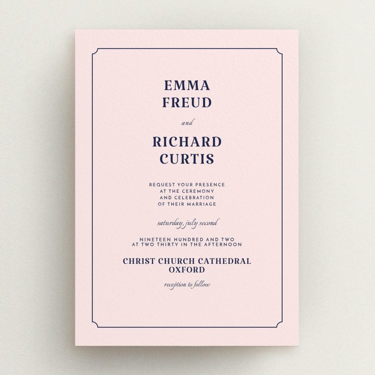 A wedding invite card named "Harrison notch". It is an A5 invite in a portrait orientation. "Harrison notch" is available as a flat invite, with mainly pink colouring.