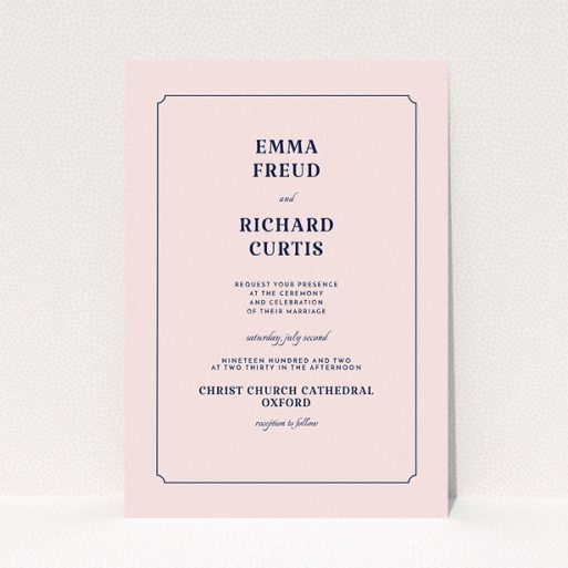 A wedding invite card named "Harrison notch". It is an A5 invite in a portrait orientation. "Harrison notch" is available as a flat invite, with mainly pink colouring.