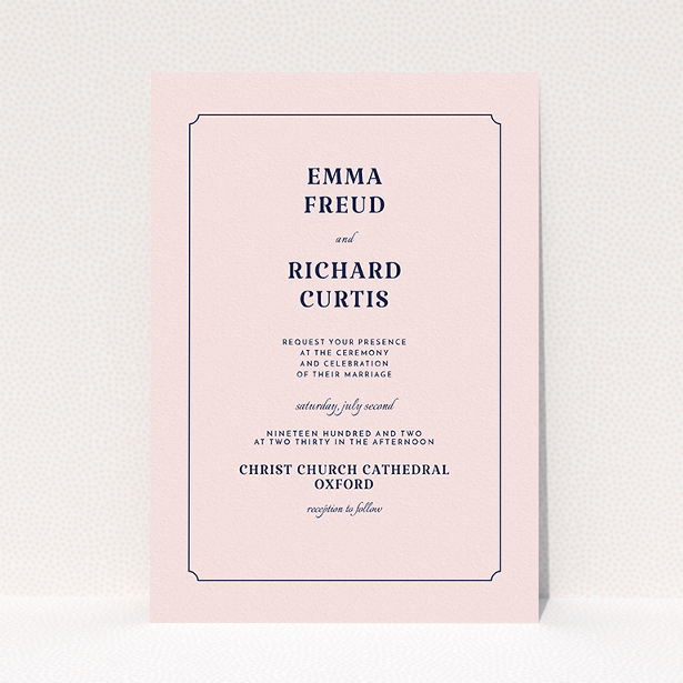 A wedding invite card named "Harrison notch". It is an A5 invite in a portrait orientation. "Harrison notch" is available as a flat invite, with mainly pink colouring.