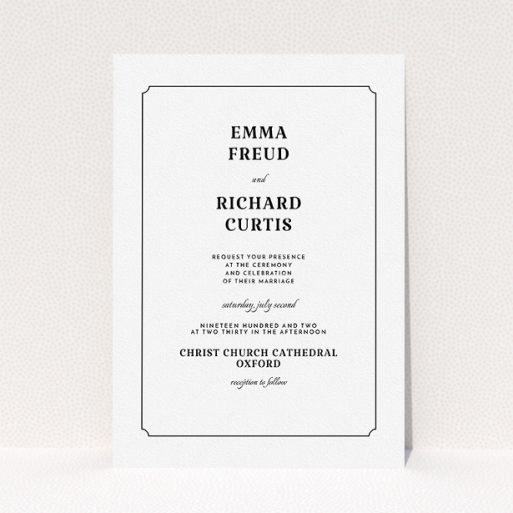 A wedding invite card design called "Harrison notch". It is an A5 invite in a portrait orientation. "Harrison notch" is available as a flat invite, with mainly white colouring.