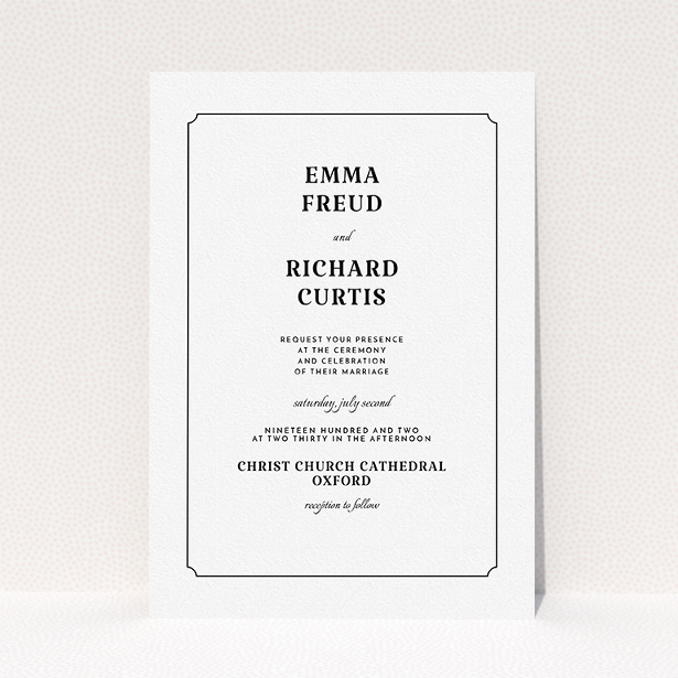 A wedding invite card design called "Harrison notch". It is an A5 invite in a portrait orientation. "Harrison notch" is available as a flat invite, with mainly white colouring.