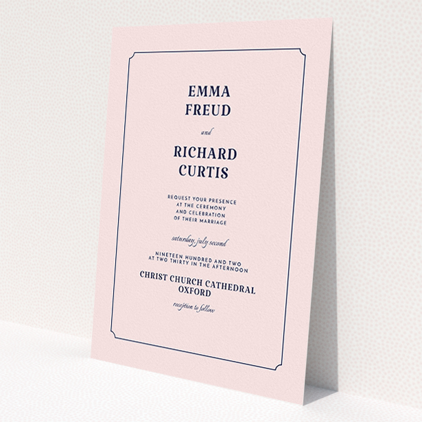 A wedding invite card named "Harrison notch". It is an A5 invite in a portrait orientation. "Harrison notch" is available as a flat invite, with mainly pink colouring.
