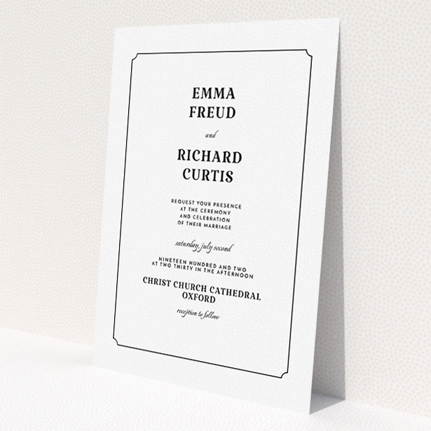 A wedding invite card design called "Harrison notch". It is an A5 invite in a portrait orientation. "Harrison notch" is available as a flat invite, with mainly white colouring.