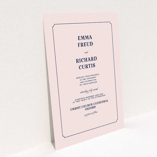 A wedding invite card named "Harrison notch". It is an A5 invite in a portrait orientation. "Harrison notch" is available as a flat invite, with mainly pink colouring.