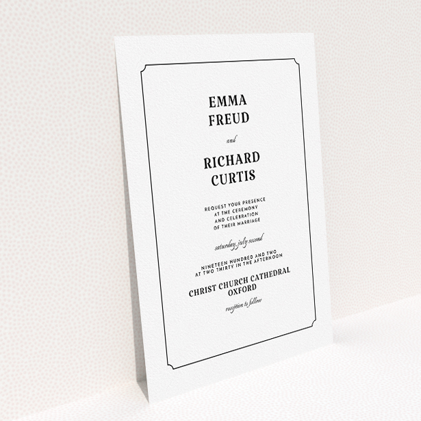 A wedding invite card design called "Harrison notch". It is an A5 invite in a portrait orientation. "Harrison notch" is available as a flat invite, with mainly white colouring.