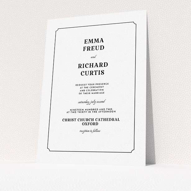 A wedding invite card design called "Harrison notch". It is an A5 invite in a portrait orientation. "Harrison notch" is available as a flat invite, with mainly white colouring.